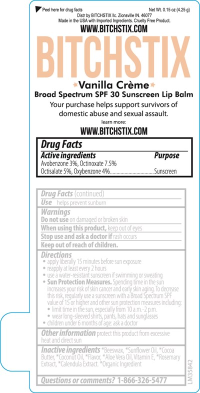 Bitchstix Vanilla Creme SPF 30 Broad Spectrum Sunscreen Lip Balm 0.15 oz label - 99942 LM35842 Bitchstix Vanilla Creme SPF 30 Broad Spectrum Sunscreen 2023 2 15 OL